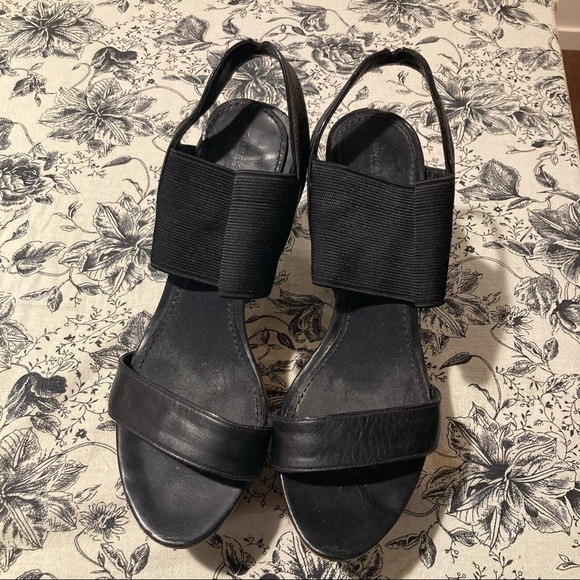 DONNA KARAN Sz 37.5 Chunky Heel Platform Strappy Leather & Elastic Sandals - Picture 2 of 13